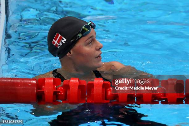 Pernille Blume of Team Denmark competes in the Women's 100m Freestyle heats on day five of the Tokyo 2020 Olympic Games at Tokyo Aquatics Centre on...