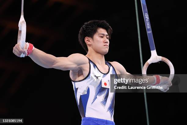 Daiki Hashimoto of Team Japan competes on rings during the Men's All-Around Final on day five of the Tokyo 2020 Olympic Games at Ariake Gymnastics...