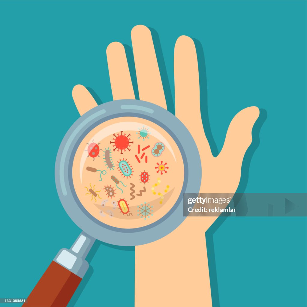 Vector Illustration Of Looking At Germs And Bacteria On Hands With  Magnifying Glass Vector Concept Bacteria Under Magnifying Glass Hand  Washing And Hygiene Campaign Poster Vector Flat Style Cartoon Illustration  High-Res Vector