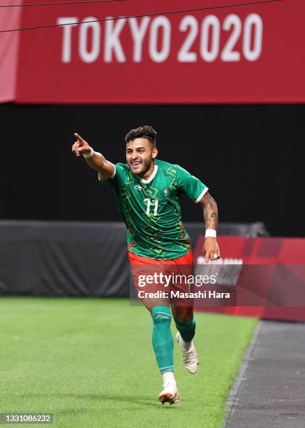 Alexis Vega of Team Mexico celebrates after scoring their side's first goal during the Men's First Round Group A match between South Africa and...