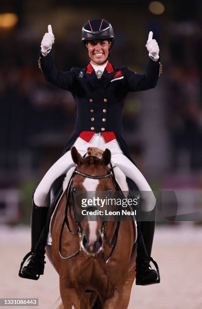 Charlotte Dujardin of Team Great Britain riding Gio reacts after competing in the Dressage Individual Grand Prix Freestyle Final on day five of the...