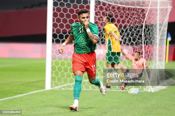 Alexis Vega of Team Mexico celebrates after scoring their side's first goal during the Men's First Round Group A match between South Africa and...