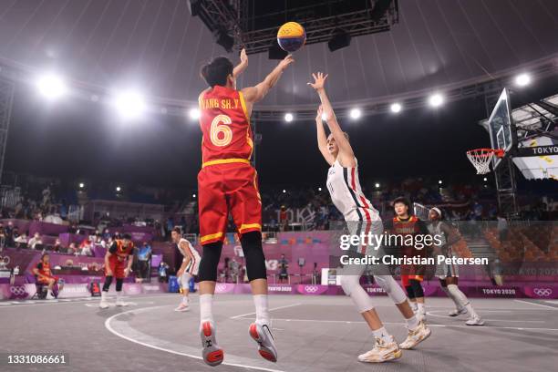 Shuyu Yang of Team China shoots in the 3x3 Basketball competition on day five of the Tokyo 2020 Olympic Games at Aomi Urban Sports Park on July 28,...
