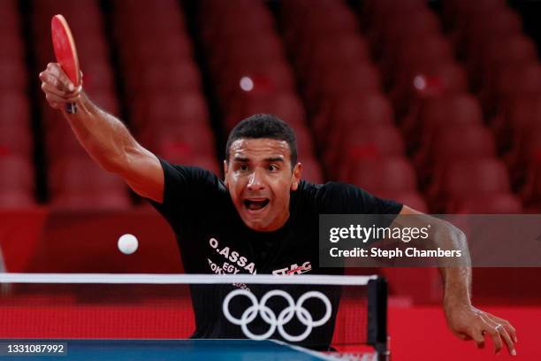 Omar Assar of Team Egypt in action during his Men's Singles Quarterfinals table tennis match on day five of the Tokyo 2020 Olympic Games at Tokyo...