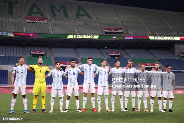 Players of Team Argentina stand for the national anthem prior to the Men's First Round Group C match between Spain and Argentina on day five of the...
