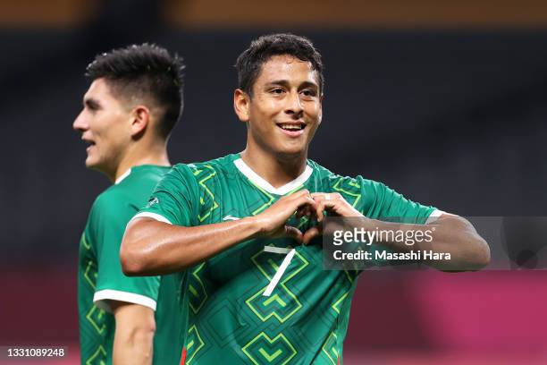 Luis Romo of Team Mexico celebrates after scoring their side's second goal during the Men's First Round Group A match between South Africa and Mexico...