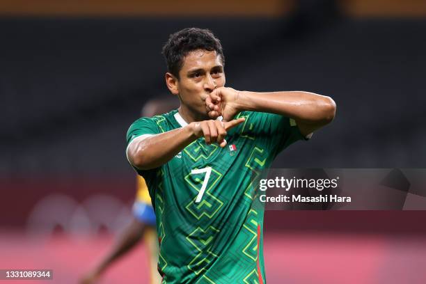 Luis Romo of Team Mexico celebrates after scoring their side's second goal during the Men's First Round Group A match between South Africa and Mexico...