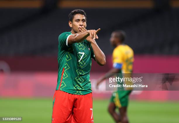 Luis Romo of Team Mexico celebrates after scoring their side's second goal during the Men's First Round Group A match between South Africa and Mexico...