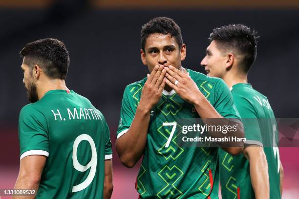 Luis Romo of Team Mexico celebrates after scoring their side's second goal during the Men's First Round Group A match between South Africa and Mexico...