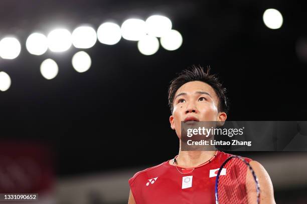 Kento Momota of Team Japan reacts as he competes against Heo Kwanghee of Team South Korea during a Men’s Singles Group A match on day five of the...