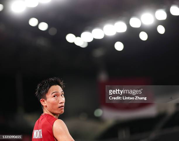 Kento Momota of Team Japan reacts as he competes against Heo Kwanghee of Team South Korea during a Men’s Singles Group A match on day five of the...