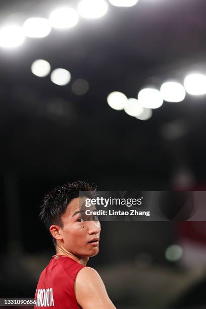 Kento Momota of Team Japan reacts as he competes against Heo Kwanghee of Team South Korea during a Men’s Singles Group A match on day five of the...