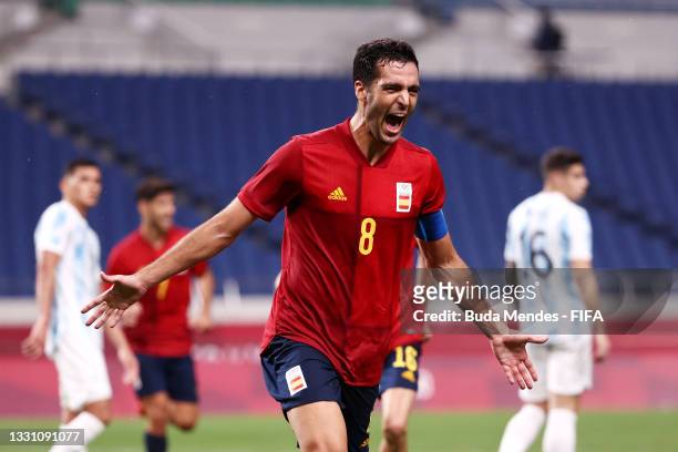 Mikel Merino of Team Spain celebrates after scoring their side's first goal during the Men's First Round Group C match between Spain and Argentina on...