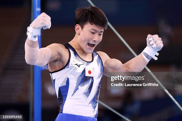 Takeru Kitazono of Team Japan celebrates during the Men's All-Around Final on day five of the Tokyo 2020 Olympic Games at Ariake Gymnastics Centre on...