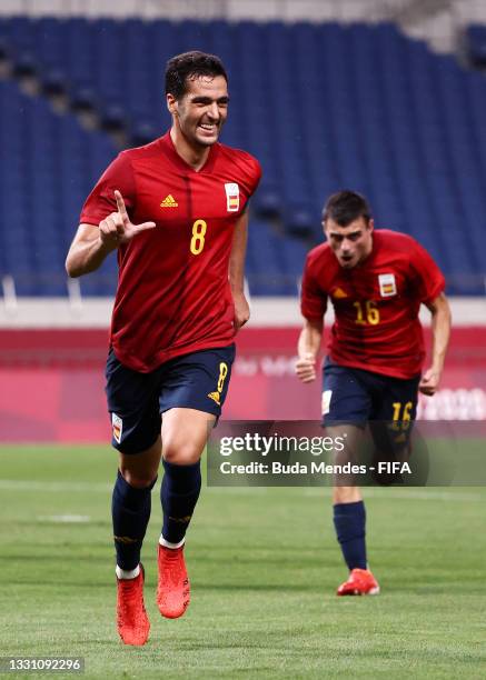 Mikel Merino of Team Spain celebrates after scoring their side's first goal during the Men's First Round Group C match between Spain and Argentina on...