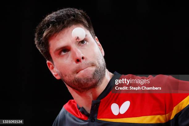Dimitrij Ovtcharov of Team Germany in action during his Men's Singles Quarterfinals table tennis match on day five of the Tokyo 2020 Olympic Games at...