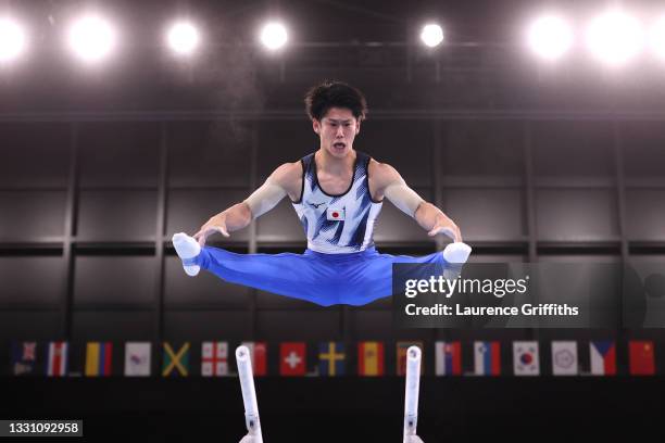 Daiki Hashimoto of Team Japan competes on parallel bars during the Men's All-Around Final on day five of the Tokyo 2020 Olympic Games at Ariake...