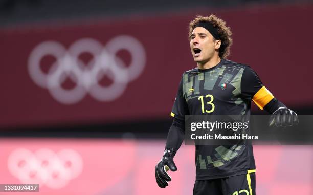 Guillermo Ochoa of Team Mexico reacts during the Men's First Round Group A match between South Africa and Mexico on day five of the Tokyo 2020...