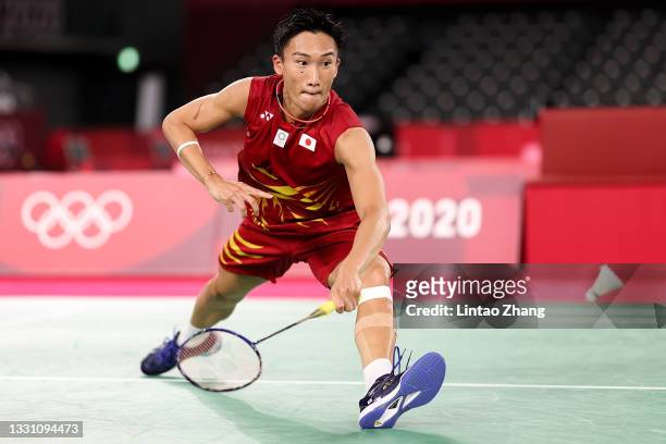 Kento Momota of Team Japan competes against Heo Kwanghee of Team South Korea during a Men’s Singles Group A match on day five of the Tokyo 2020...