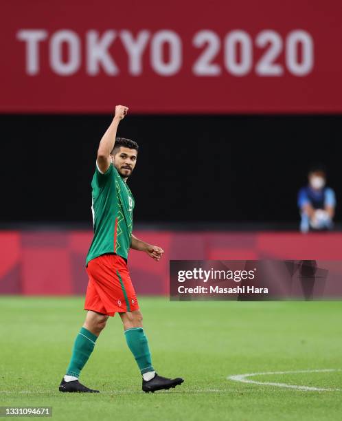 Henry Martin of Team Mexico celebrates after scoring their side's third goal during the Men's First Round Group A match between South Africa and...