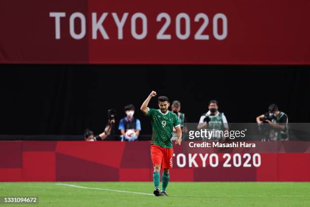 Henry Martin of Team Mexico celebrates after scoring their side's third goal during the Men's First Round Group A match between South Africa and...