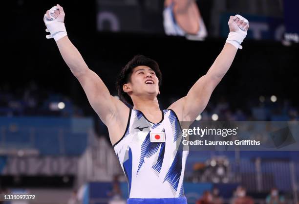 Daiki Hashimoto of Team Japan celebrates during the Men's All-Around Final on day five of the Tokyo 2020 Olympic Games at Ariake Gymnastics Centre on...