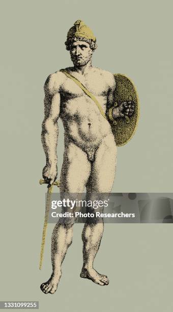 Colorized illustration depicts the Greek god Ares, the god of war, violence, and bloodshed, 2nd century CE. The illustration was derived from a...