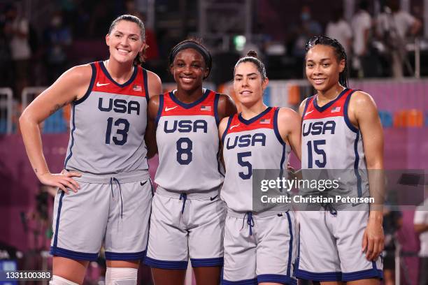 Stefanie Dolson, Jacquelyn Young, Kelsey Plum and Allisha Gray of Team United States pose for a portrait after winning the gold medal in the 3x3...