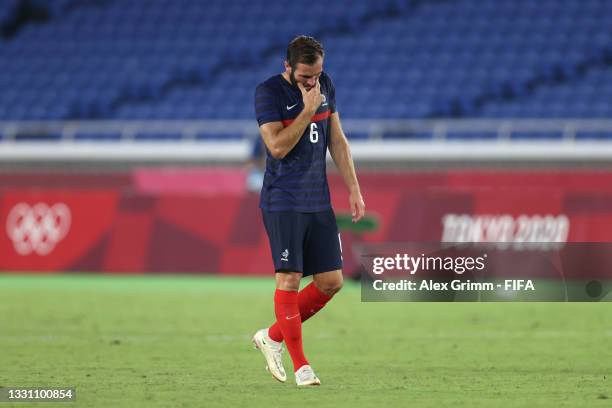 Lucas Tousart of Team France looks dejected during the Men's Group A match between France and Japan on day five of the Tokyo 2020 Olympic Games at...