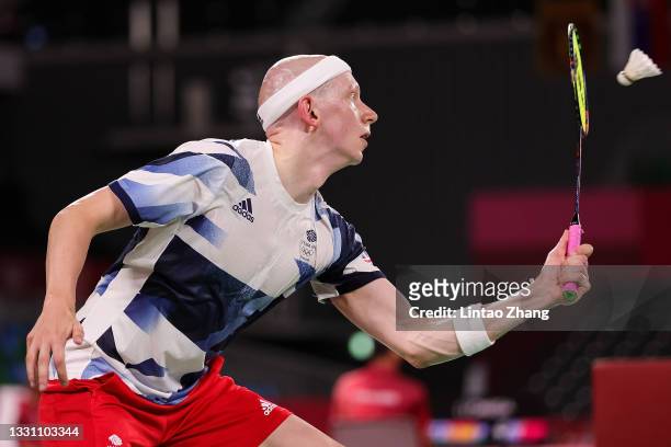 Toby Penty of Team Great Britain competes against Kantaphon Wangcharoen of Team Thailand during a Men’s Singles Group K match on day five of the...