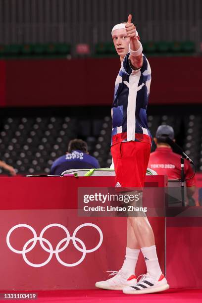 Toby Penty of Team Great Britain celebrates as he win against Kantaphon Wangcharoen of Team Thailand during a Men’s Singles Group K match on day five...