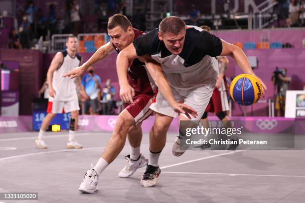 Agnis Cavars of Team Latvia and Ilia Karpenkov of Team ROC compete for the ball in the 3x3 Basketball competition on day five of the Tokyo 2020...