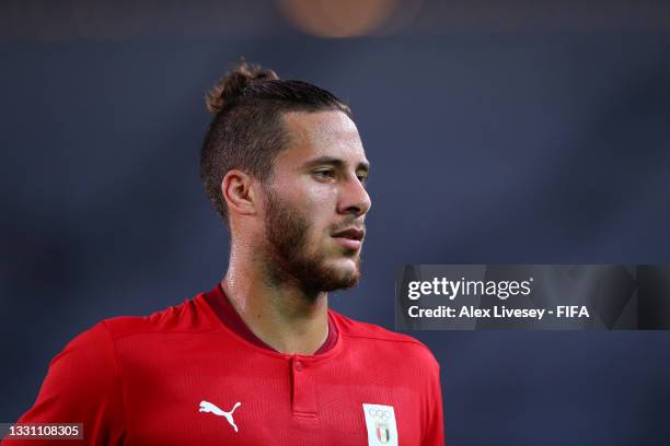 Ramadan Sobhi of Team Egypt looks on during the Men's Group C match between Australia and Egypt on day five of the Tokyo 2020 Olympic Games at Miyagi...