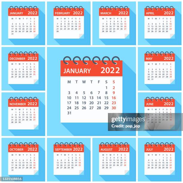 kalender 2022 - flat modern bunt. woche beginnt am montag - calendar day stock-grafiken, -clipart, -cartoons und -symbole