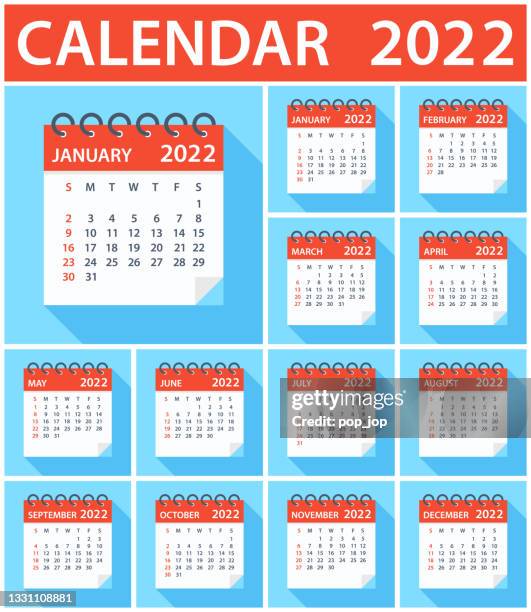 bildbanksillustrationer, clip art samt tecknat material och ikoner med calendar 2022 - flat modern colorful. week starts on sunday - calendar