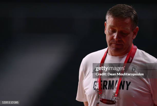 Alfred Gislason, coach of Team Germany reacts during the Men's Preliminary Round Group A handball match between France and Germany on day five of the...