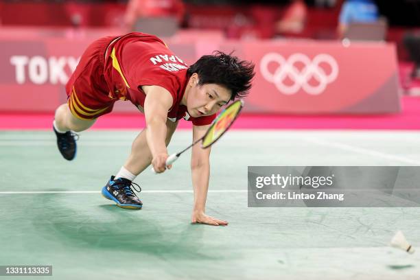 Akane Yamaguchi of Team Japan competes against Kirsty Gilmour of Team Great Britain during a Women’s Singles Group L match on day five of the Tokyo...