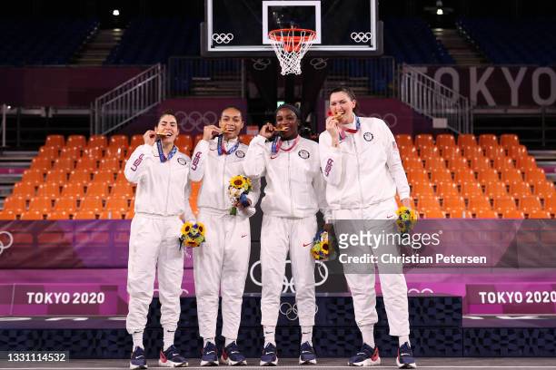 Gold medalists Kelsey Plum, Allisha Gray, Jacquelyn Young and Stefanie Dolson of Team USA pose with the gold medal forin the 3x3 Basketball...