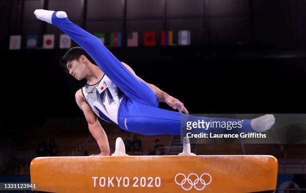 Daiki Hashimoto of Team Japan competes on pommel horse on his way to a Gold Medal during the Men's All-Around Final on day five of the Tokyo 2020...