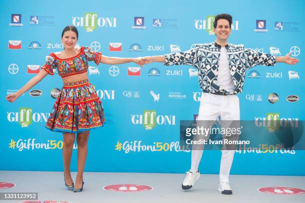 Sofia Scalia and Luigi Calagna of the cast "Me Contro Te" attends the photocall at the Giffoni Film Festival 2021 on July 28, 2021 in Giffoni Valle...