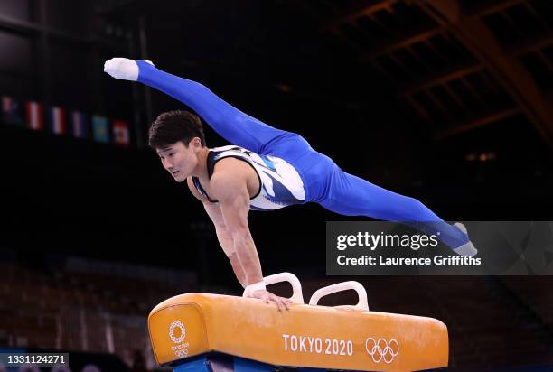 Takero Kitazono of Team Japan competes on pommel horse during the Men's All-Around Final on day five of the Tokyo 2020 Olympic Games at Ariake...