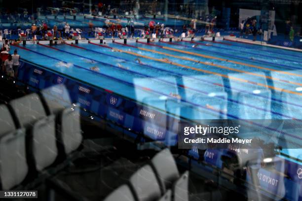 Reflection of the pool seen against empty stands on day five of the Tokyo 2020 Olympic Games at Tokyo Aquatics Centre on July 28, 2021 in Tokyo,...