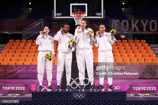 Gold medalists Kelsey Plum, Jacquelyn Young, Stefanie Dolson and Allisha Gray of Team United States pose on the podium during the medal ceremony for...