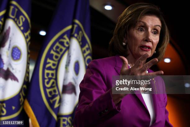 Speaker of the House Rep. Nancy Pelosi speaks during a weekly news conference at the U.S. Capitol July 28, 2021 in Washington, DC. Speaker Pelosi...