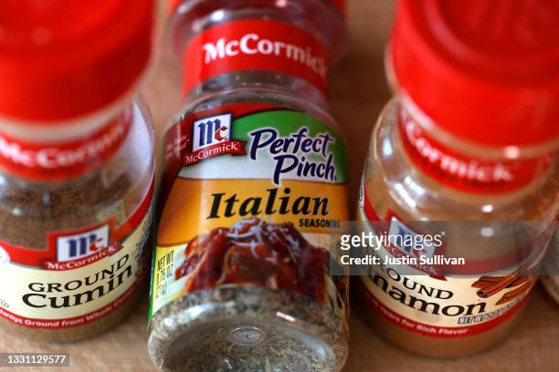 In this photo illustration a bottle of McCormick Perfect Pinch Italian Seasoning is displayed in a kitchen on July 28, 2021 in San Anselmo,...