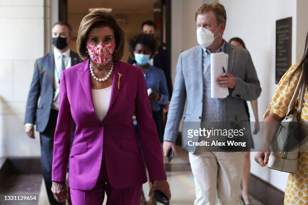 Speaker of the House Rep. Nancy Pelosi arrives at a weekly news conference at the U.S. Capitol July 28, 2021 in Washington, DC. Speaker Pelosi...
