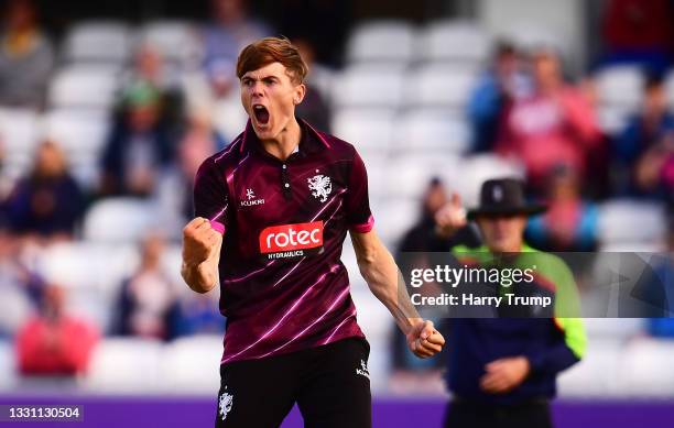 Kasey Aldridge of Somerset celebrates after taking the wicket of Tom Cullen of Glamorgan during the Royal London One Day Cup match between Somerset...