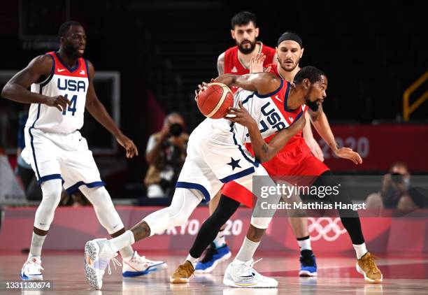 Kevin Durant of Team United States drives the ball while playing against Islamic Republic of Iran during the first half of a Men's Preliminary Round...
