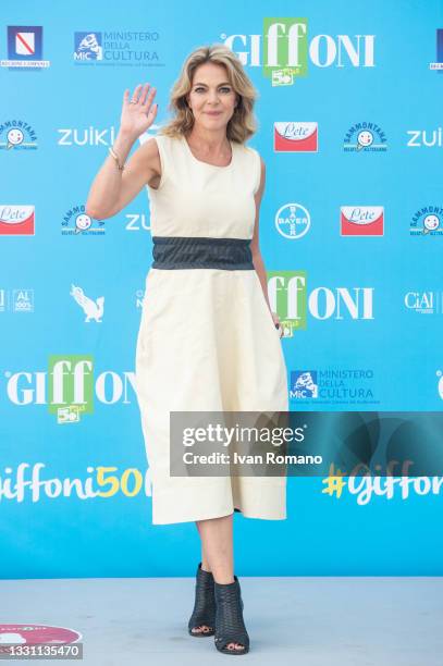 Claudia Gerini attends the photocall at the Giffoni Film Festival 2021 on July 28, 2021 in Giffoni Valle Piana, Italy.