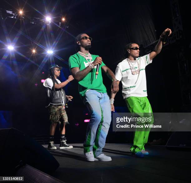 Takeoff, Quavo and Offset of the Migos perform at 107.9 Birthday Bash 25 at Center Parc Credit Union Stadium at Georgia State University on July 17,...